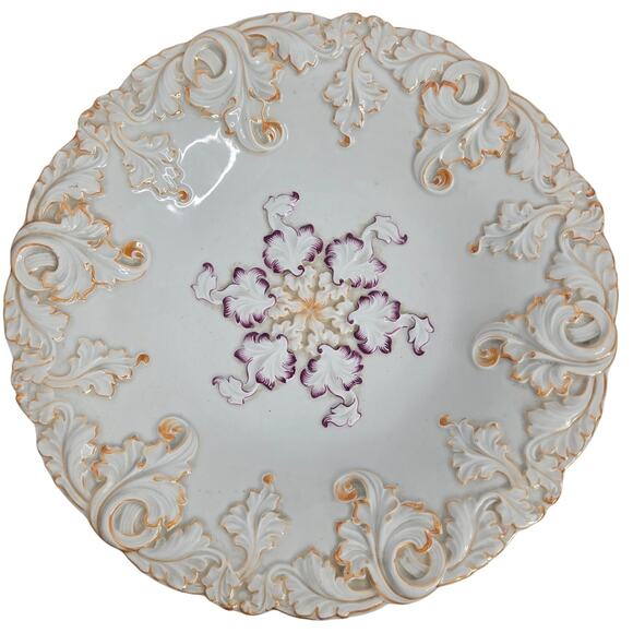 Vintage Meissen Porcelain Bowl Rococco Leaf Purple Gold Relief Luster Floral - Picture 7 of 11